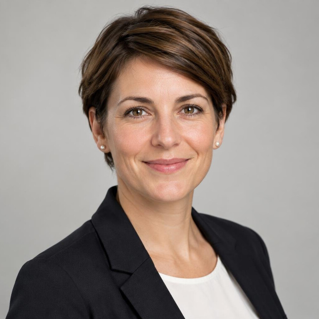 Studio portrait of a woman with short brown hair smiling