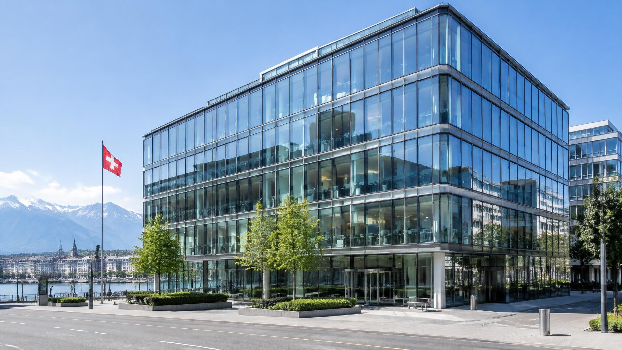 Modern glass office building exterior under daylight