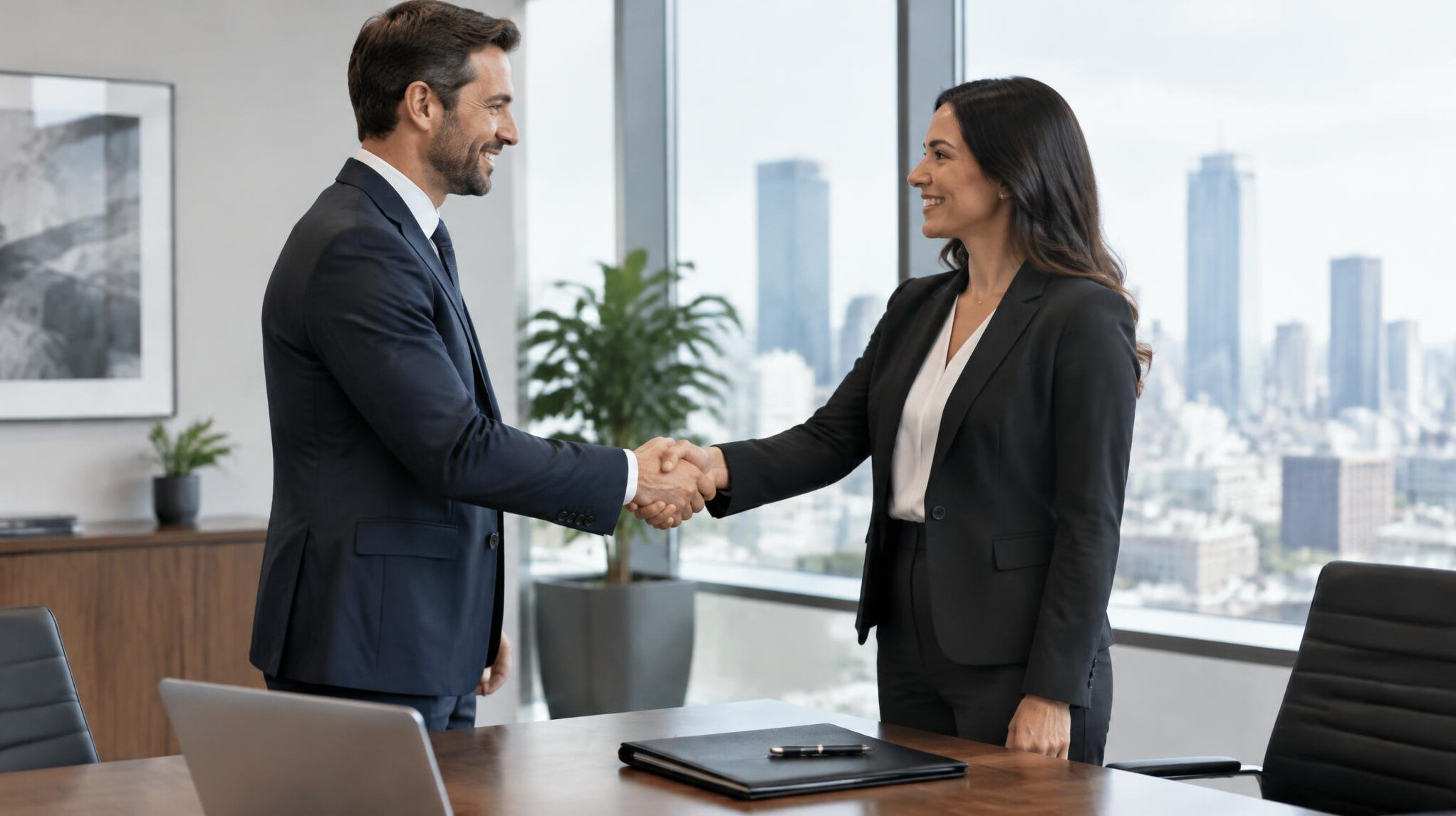 Two business partners shaking hands in an office