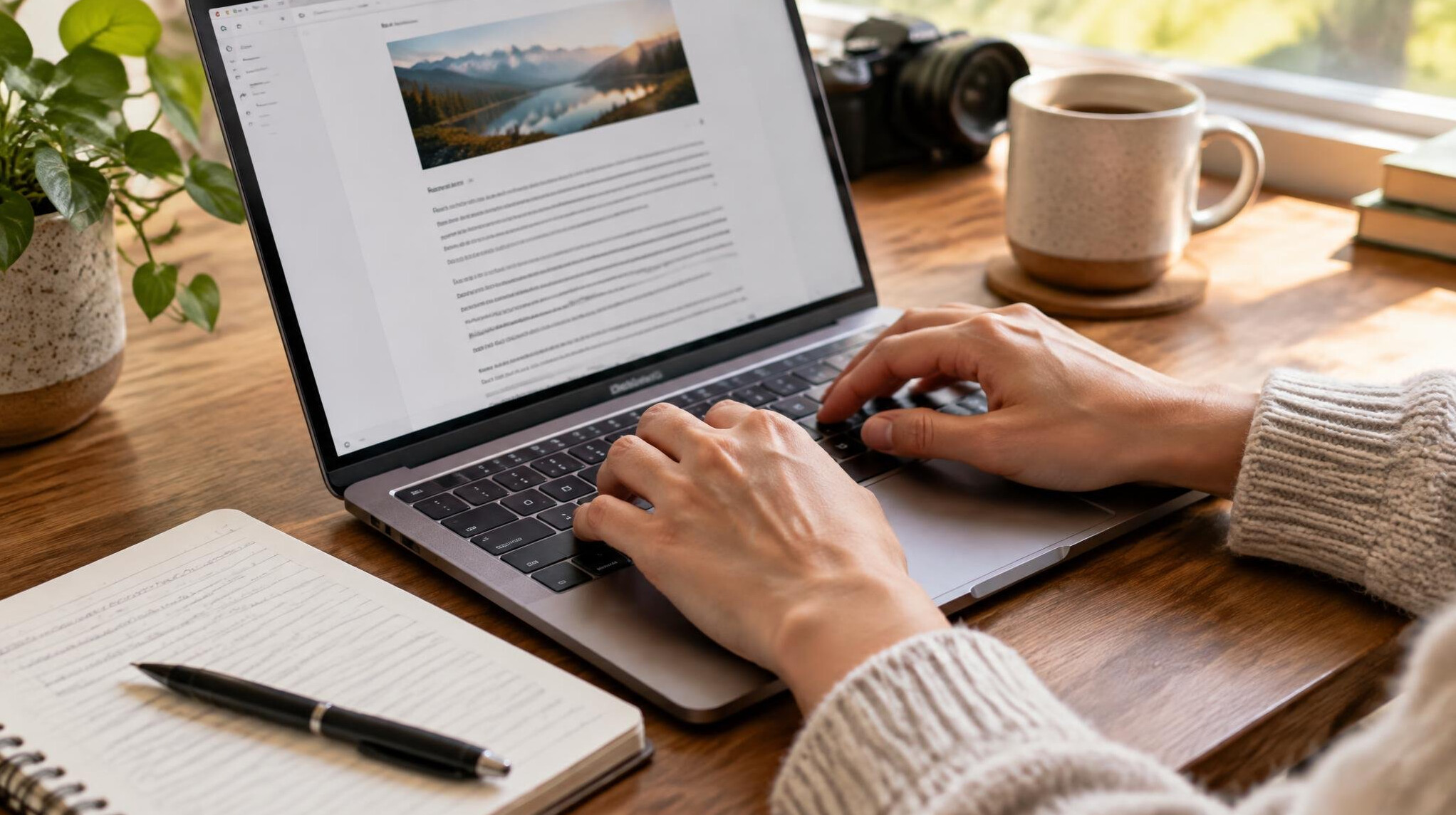 Person typing an article on a laptop keyboard