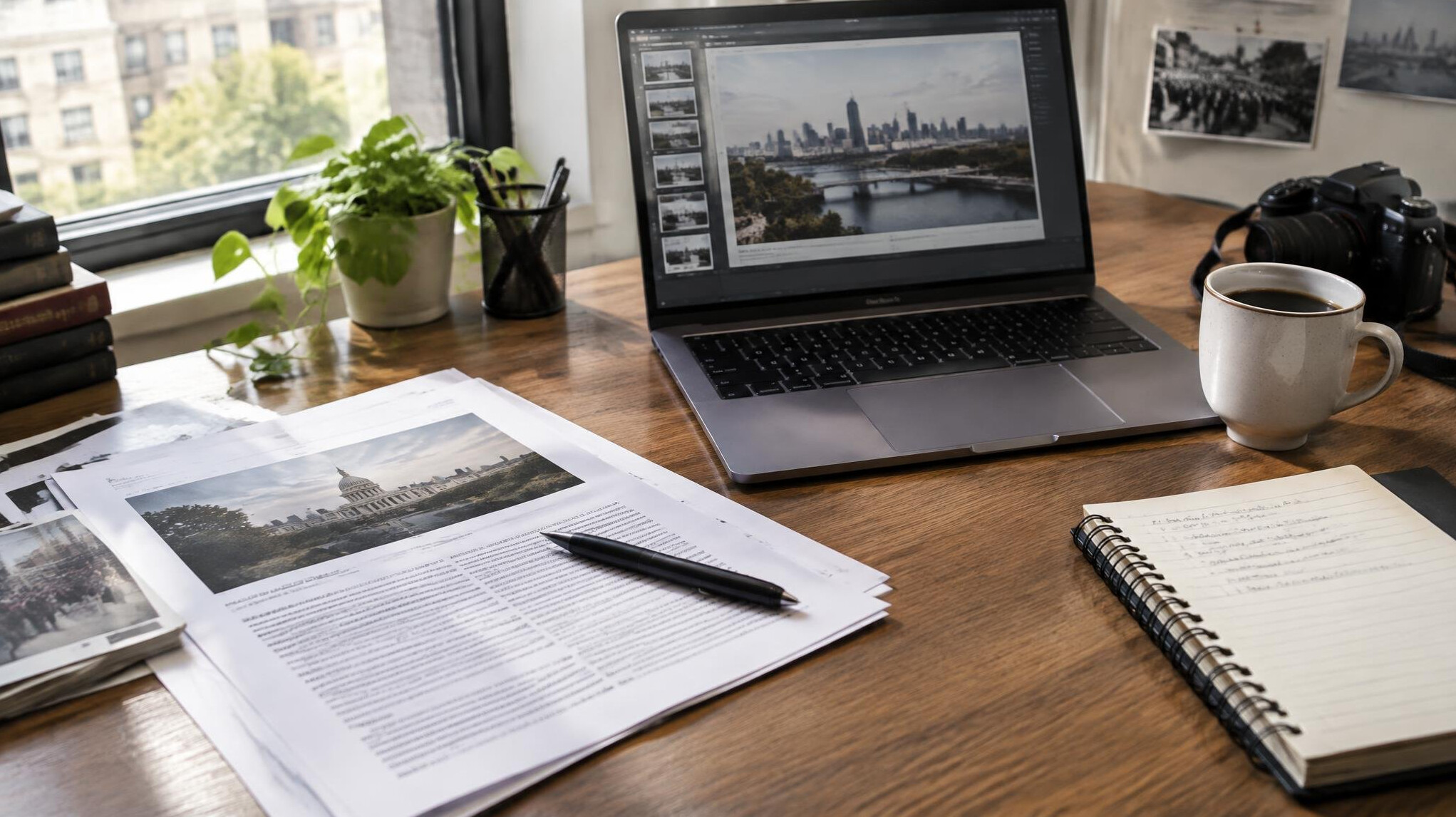 Journalist working at a desk with notes and a laptop